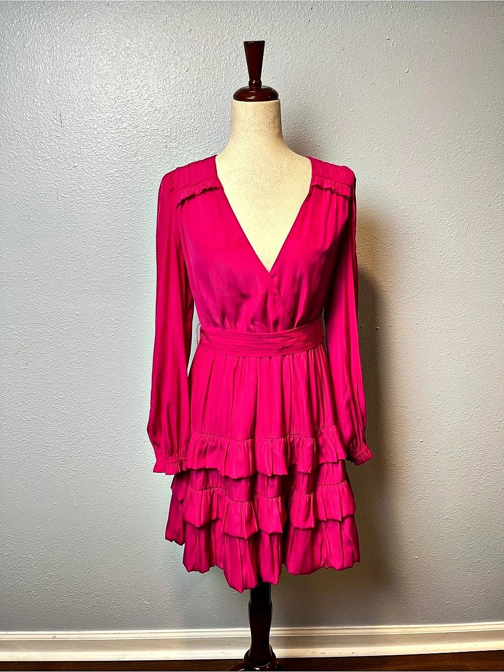 Marie Oliver Ruffle Mini Dress with Tie in Pink Size Medium